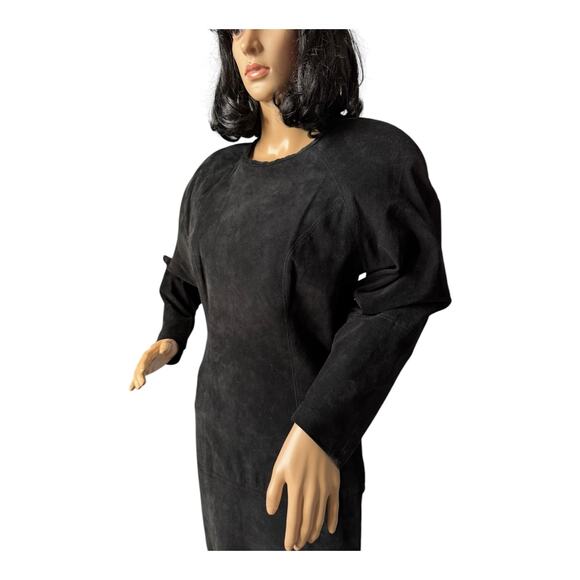 Vintage 80's Cedars Black Suede Batwing Sleeve round neck Midi Dress small - Picture 13 of 16